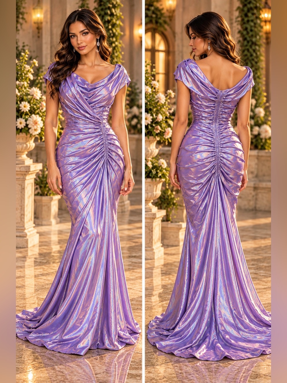 Tadashi Shoji Metallic Lavender Purple Iridescent Ruched Mermaid Gown Size 12